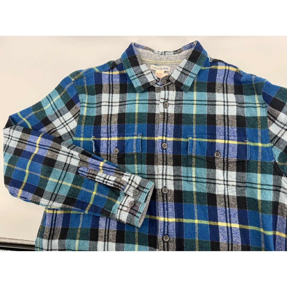 Carbon 2 Cobalt Mens‎ Lined Plaid Flannel Button Down Shirt Size M Pocket Front
